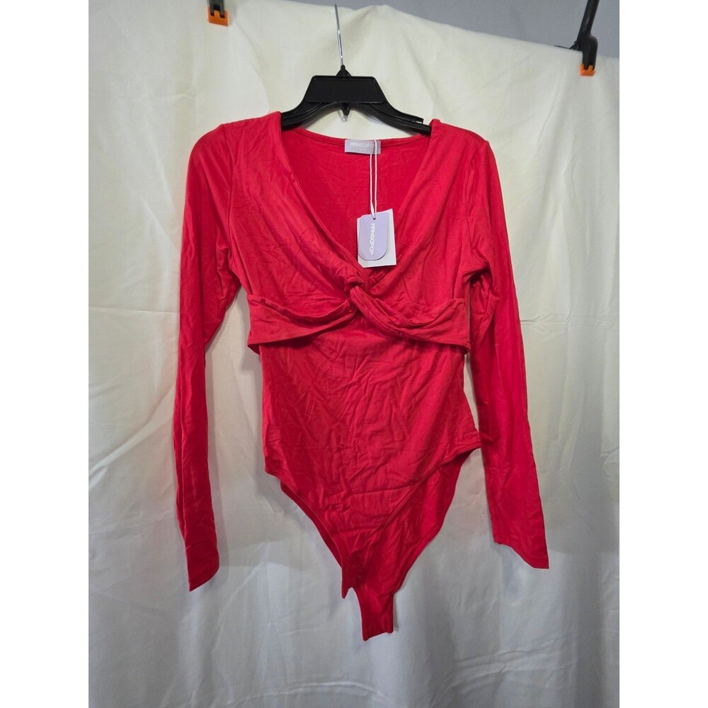 MANGOPOP Women's Red Twist Front Cropped Long Sleeve Bodysuit Size S